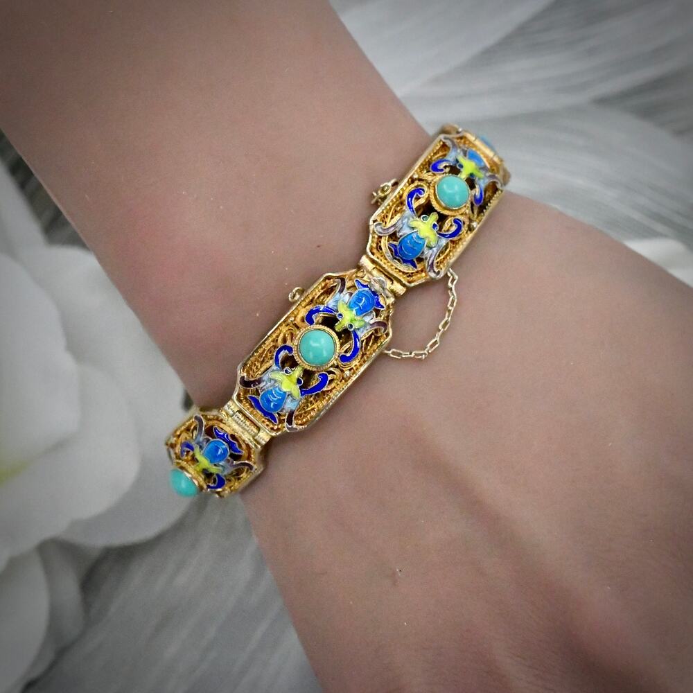 Republican Era Chinese Export Silver Gilt Filigree Enamel Panel Bracelet